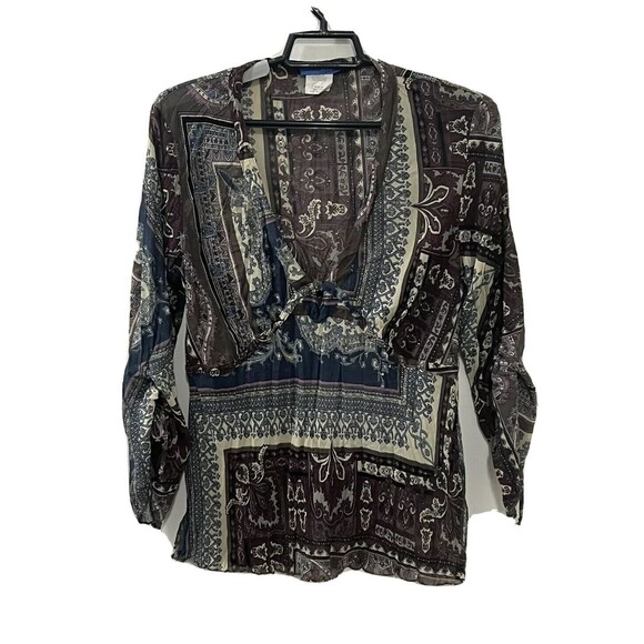 Delia’s Womens Boho 3/4 Sleeve Top Blouse Low V Neck Chiffon Top Made in US Sz M - Picture 1 of 13